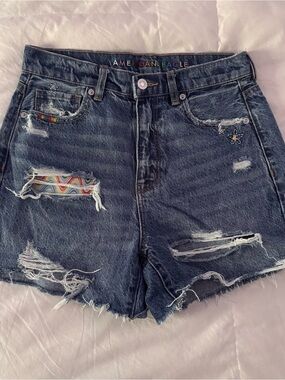 American Eagle Outfitters Dark Blue Distressed Denim Shorts with Rainbow Patch